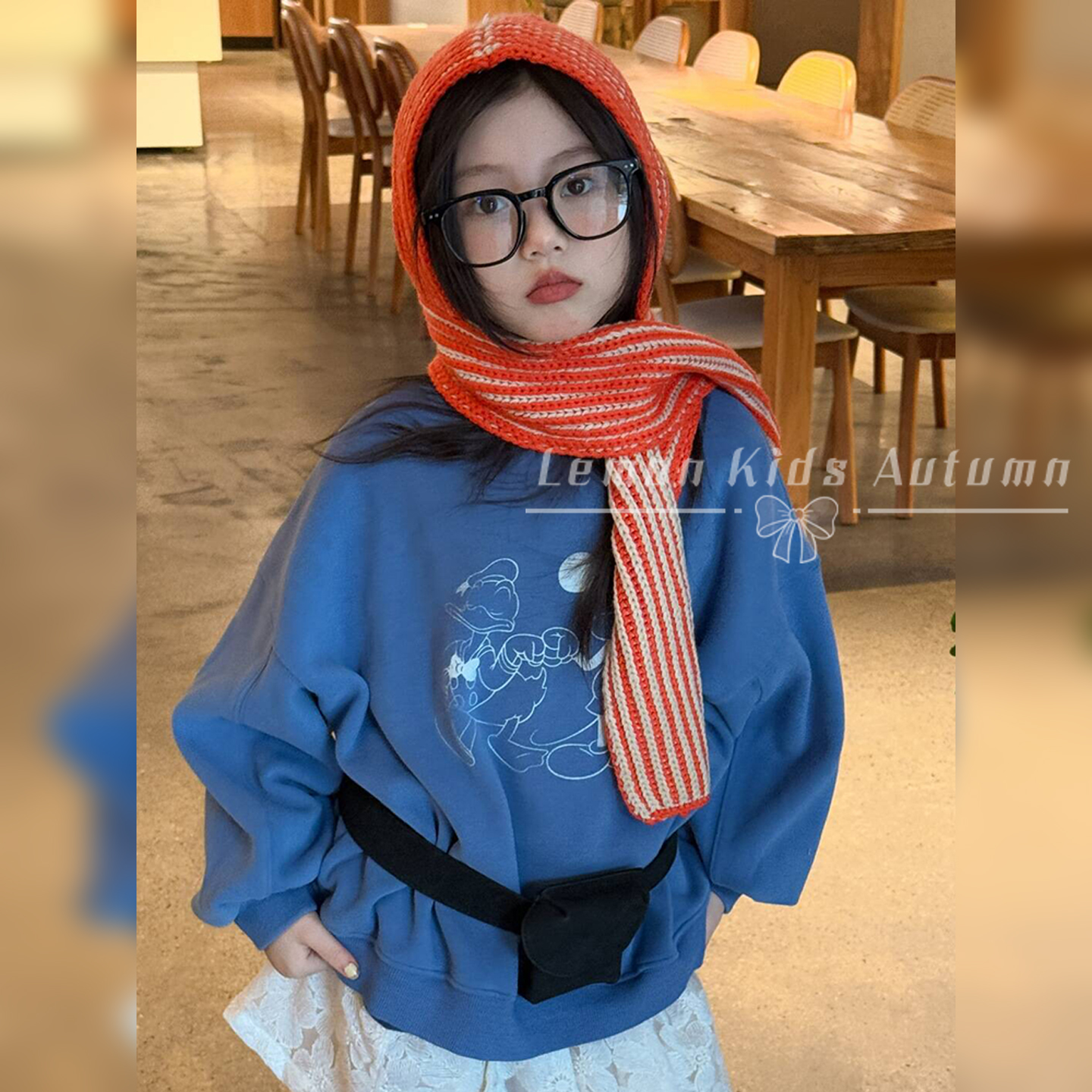 女童蓝色卫衣加绒加厚套头打底衫