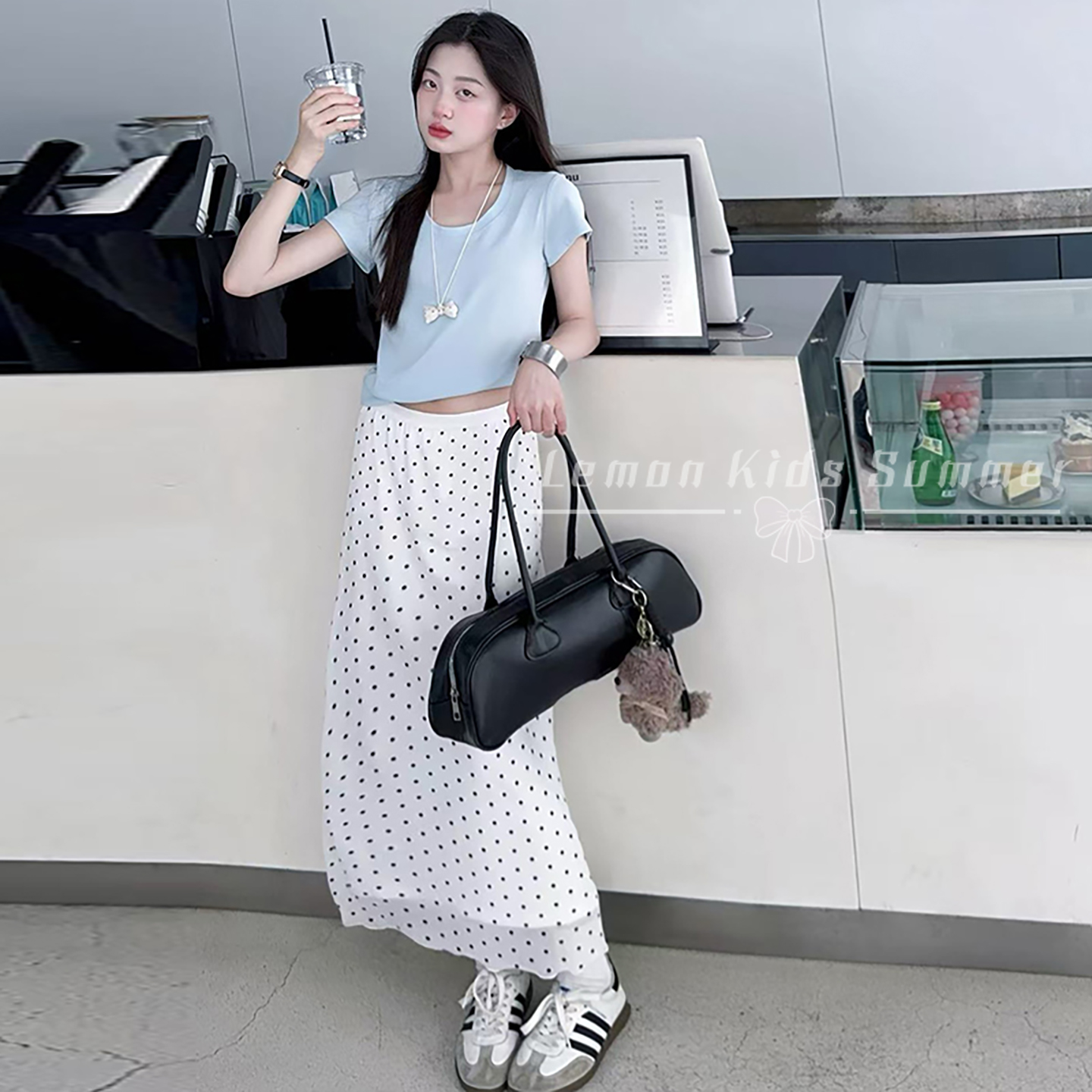 女童多巴胺套装白色波点裙短袖T