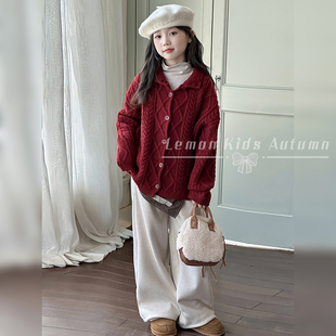 女童红色慵懒风麻花纹毛衣外套2025新款 上衣服 儿童秋冬加厚针织衫