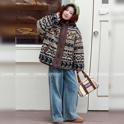 女童外套羊羔毛撞色加厚毛毛衣