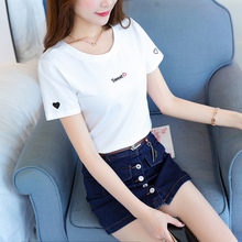 ins刺绣T恤衫女短袖纯棉白色体恤2020夏季新款百搭修身网红上衣潮