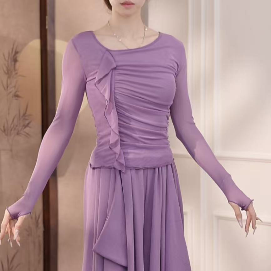 MuMu长袖褶皱水纱气质优雅短袖舞蹈服显瘦可外穿形体服上衣