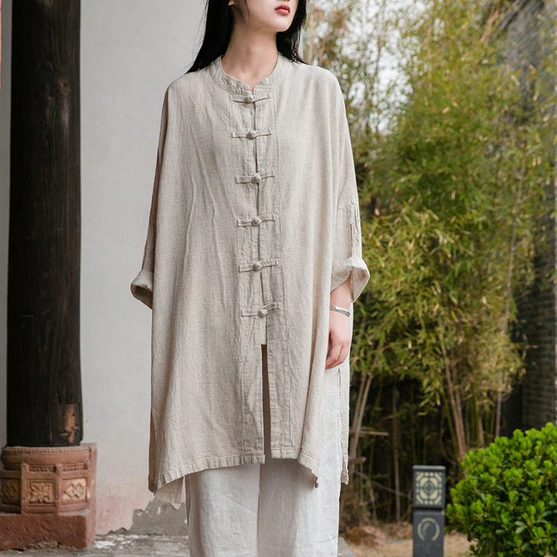 打拳衣服女禅意素衣佛系禅意裙夏大码茶服棉麻料古风衬衣开衫外套