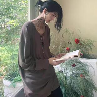 慵懒风大领口阔版罩衫男半开扣门襟领长袖t恤松弛感低领打底衫潮