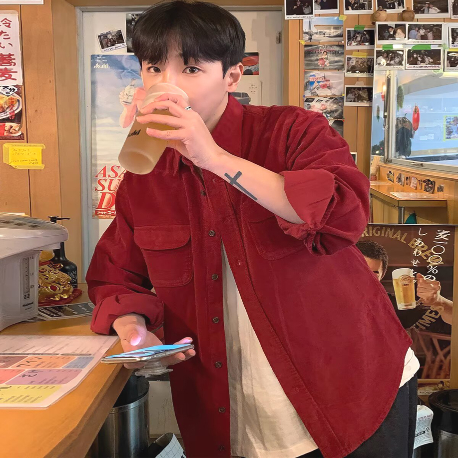 灯芯绒衬衫男高级氛围感红色长袖