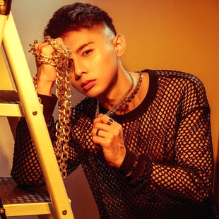 抖音网红爆款罩衫男网眼透视性感长袖t恤圆领镂空网孔渔网洞洞服