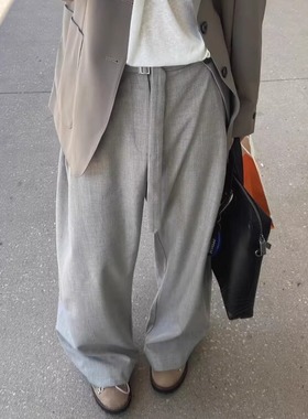 老钱风灰色棉麻西裤男女系绳飘带宽松长裤解构高腰显瘦阔腿西装裤