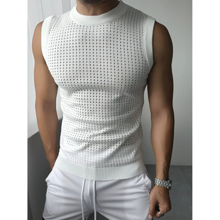 美式硬汉风镂空针织坎肩男网格渔网无袖罩衫卫衣版型透视背心马甲