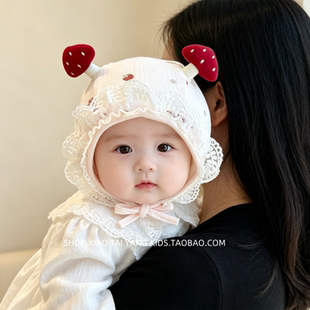 宝宝帽子春秋季可爱蘑菇花边女新生儿小月龄甜美婴儿防风护耳帽冬