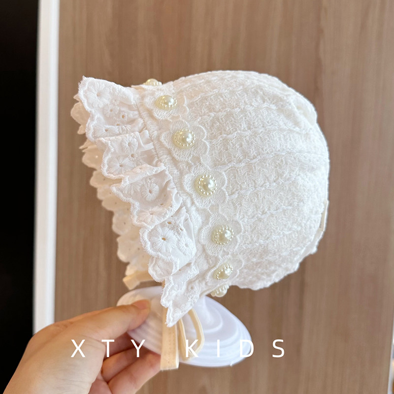 婴儿帽子女春秋洋气季珍珠蕾丝花边宫廷帽甜美公主风宝宝护耳胎帽