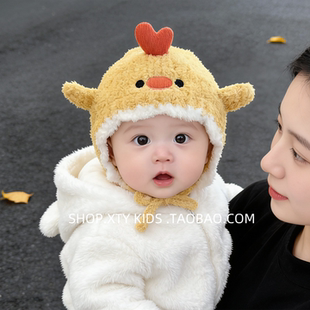 新生儿帽子秋冬季保暖毛绒可爱小鸡加厚护耳帽小月龄婴儿宝宝帽潮