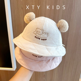 韩系婴儿帽子秋冬季夹棉可爱小熊双球保暖渔夫帽小月龄宝宝防风帽