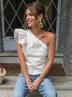 French 复古temperament 斜领露肩设计感短款纯棉白色versatile