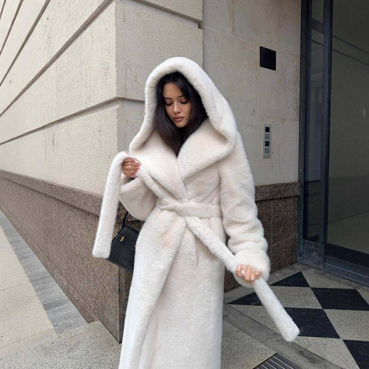 水貂毛仿皮草毛毛coat 加长款人造毛皮大衣连帽系腰带毛绒衣服