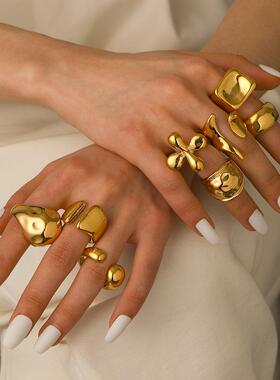 新款几何铸造不锈钢ring 手饰女personality 高级感18kgilding 不