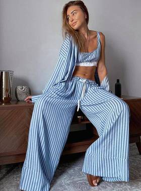 2025autumn new 条纹printing loose 睡衣three-piece set underw