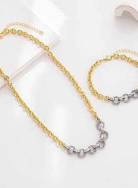 金银双色拼接不锈钢necklace bracelet suit ins风小众设计感clav