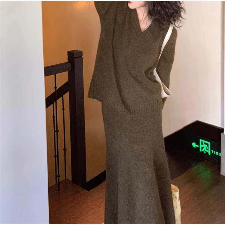 Knitted fishtail skirt sweater set paired with a two-piece