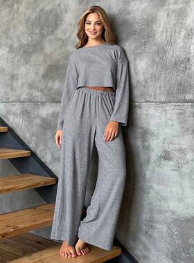 外贸灰色long sleeves trousers 睡衣suit 2025冬季new 麦穗提花