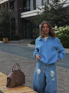 2025高级感蓝色sweater女autumn and winternew高级感polo领loose