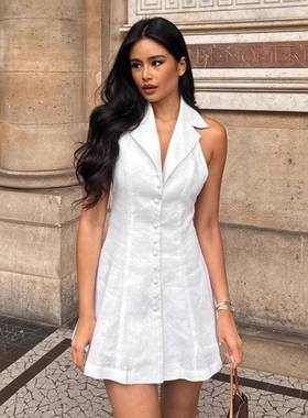 fashion 通勤挂脖白色V领dress 女2025夏季temperament backless