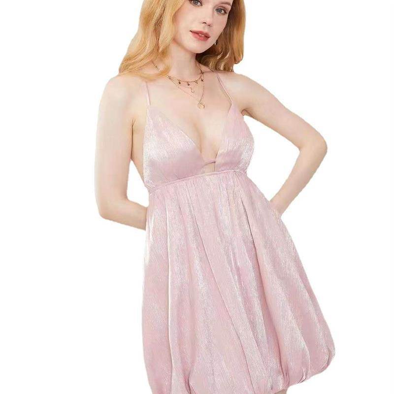 Fashionable backless halter pink dress
