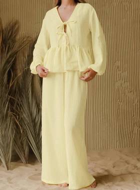 黄色纯棉荷叶边long sleeves trousers loose 睡衣suit 2025autum