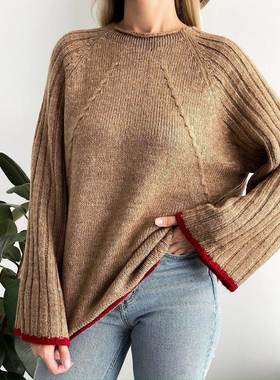 2025autumn and winternew女士round neck坑条打底衫温柔喇叭袖lo