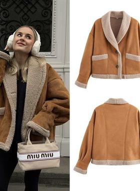 外贸womens clothingautumn and winternew毛呢coat翻领loose皮毛