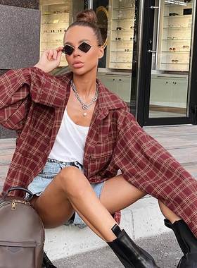 2025autumn and winternew复古美式红色格纹衬衫女leisure设计感l