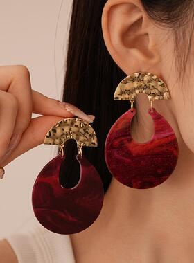 exaggeration 安可拉红resin 晕染U形银针耳环retro 小众气质高级