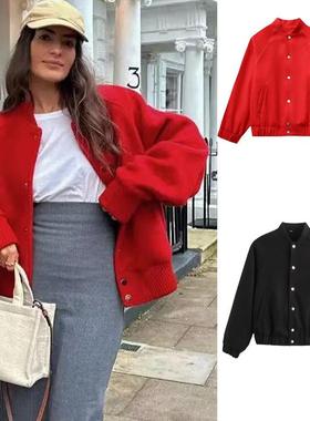 红色women's clothing spring and autumn 季new 风纯色毛呢棒球