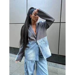 Cowboy patchwork jacket autumn loose suit versatile suit for