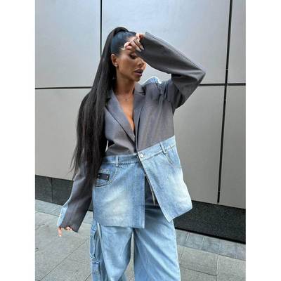 Cowboy patchwork jacket autumn loose suit versatile suit for