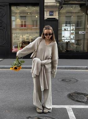 autumn and winternew毛织suit女autumn and winter高级感纯色v领