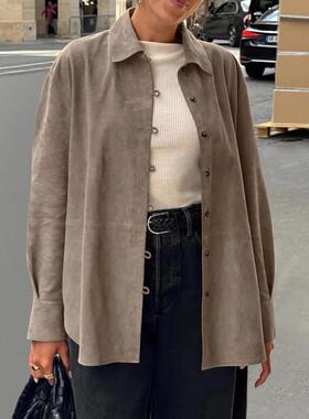 复古棕色麂皮绒shirt 2025autumn and winter 小众loose 中长款开