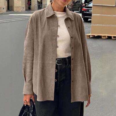 复古棕色麂皮绒shirt 2025autumn and winter 小众loose 中长款开