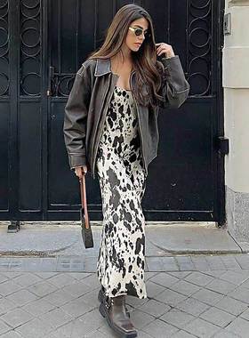 Frenchsexystraps复古printing dress2024autumn and winternew高