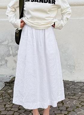 白色棉麻A字裙loose 高腰half skirt 2025春季fashion new long s