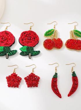 夏季creativity 樱桃玫瑰flower 米珠耳环Bohemia 红色手工布艺耳
