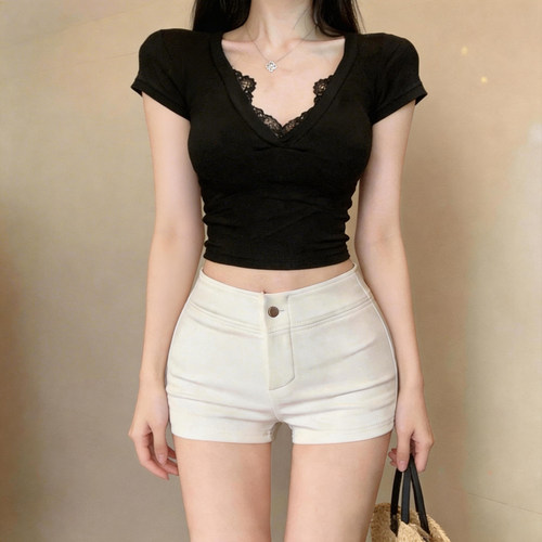白色高腰包臀热裤女夏新款韩版紧身弹力性感显瘦三分短裤