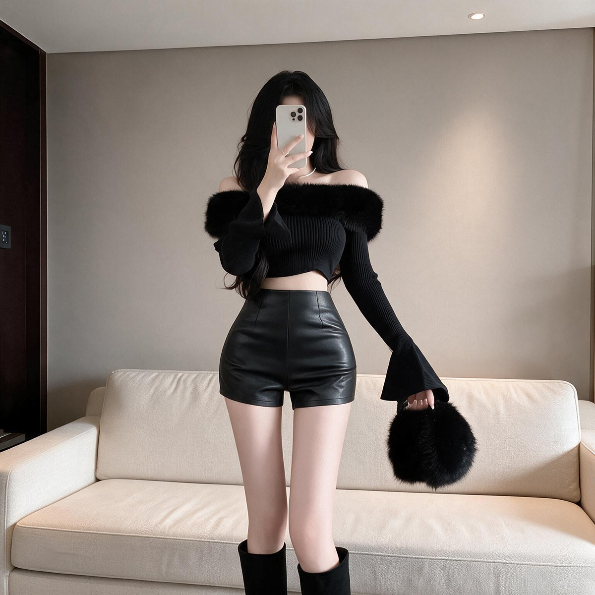 黑色皮短裤女秋冬新款高腰PU皮弹力紧身休闲性感修身纯欲包臀靴裤