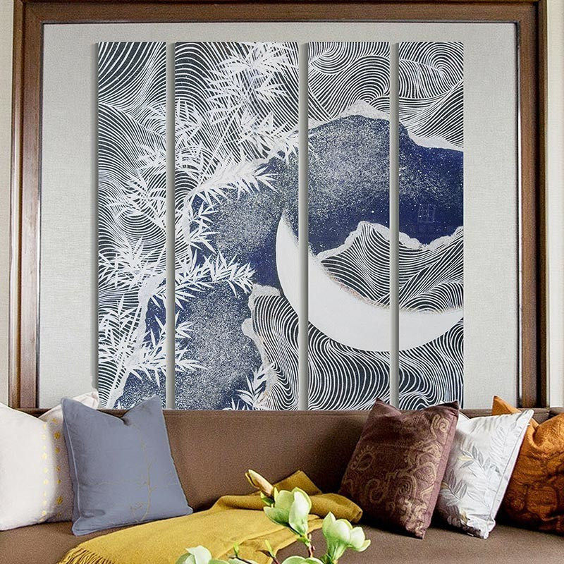 纯手绘四联组合油画客厅玄关装饰画抽象竹子白色线条画酒店挂画