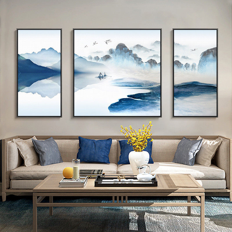 纯手绘新中式风沙发背景墙油画