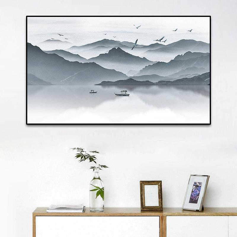 手绘新中式风水墨客厅书房壁画