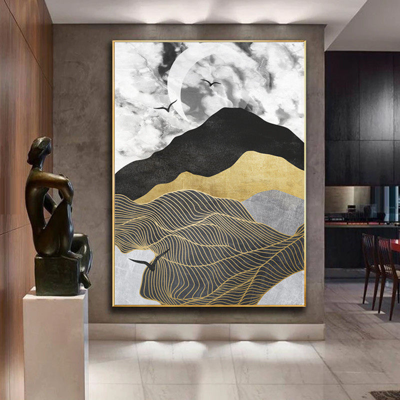 线条金属新中式风飞鸟手绘油画
