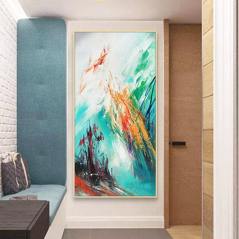 纯手绘绿色竖版走廊过道抽象油画