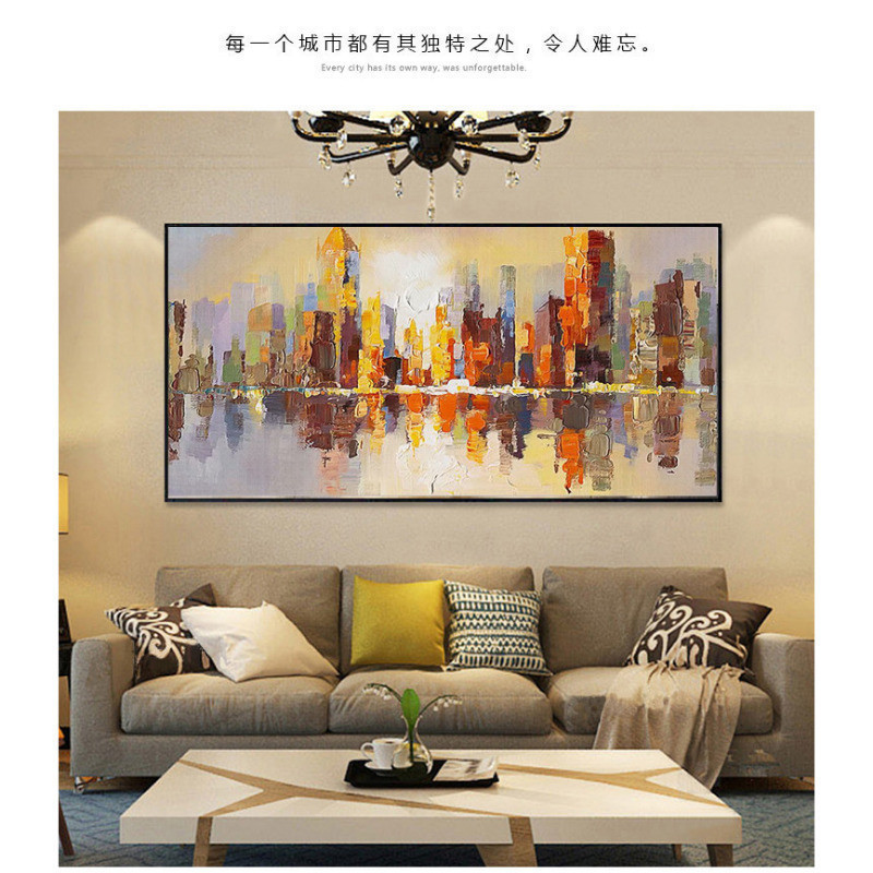 建筑纯手绘横款抽象油画原创定制