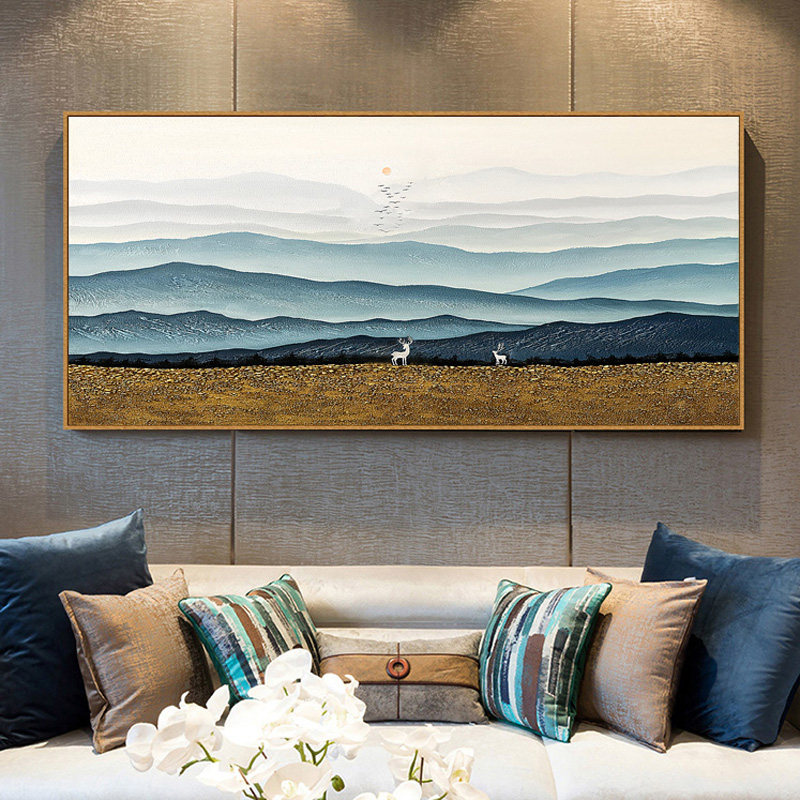 原创纯手绘客厅油画沙发背景墙装饰画横版新中式山景挂画餐厅小鹿
