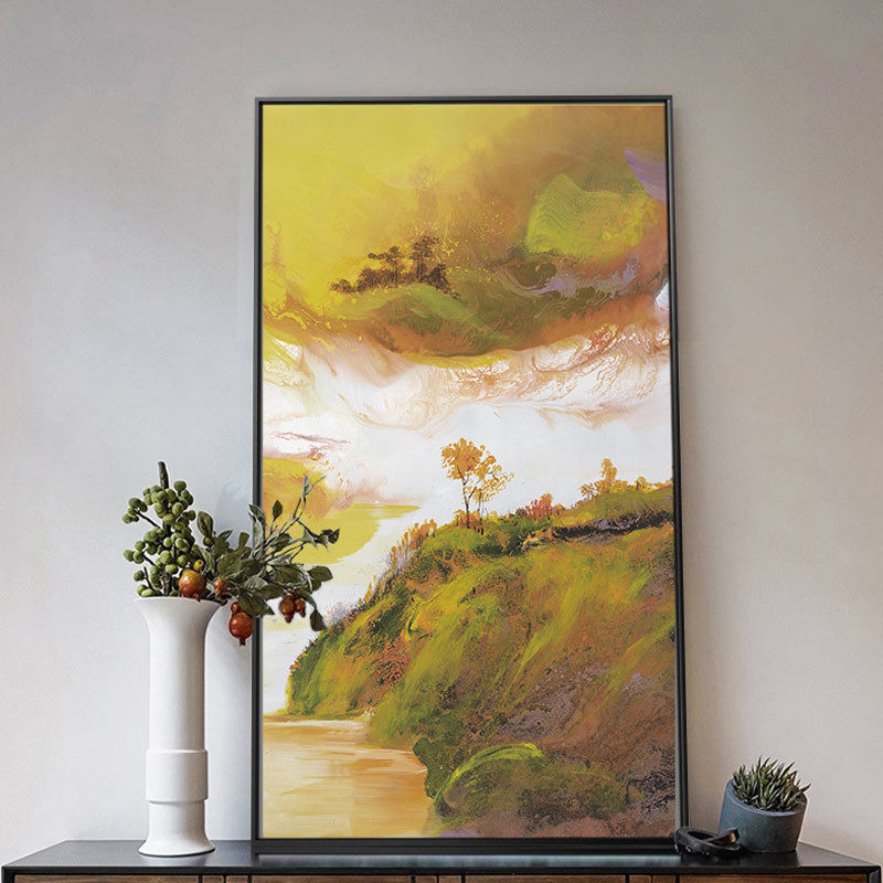 纯手绘油画抽象写意山水装饰画客厅风水招财画新中式玄关过道墙画